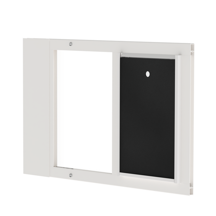 A close-up of a white Dragon brand double flap pet door insert for aluminum double-hung sash windows