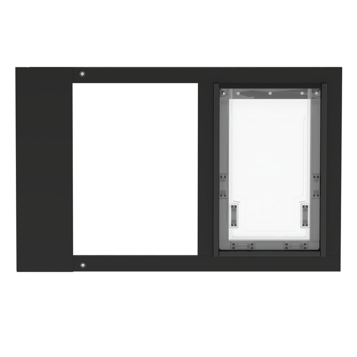  Dragon single flap pet door for sash windows, white, front view. Sturdy aluminum frame available in black or white.