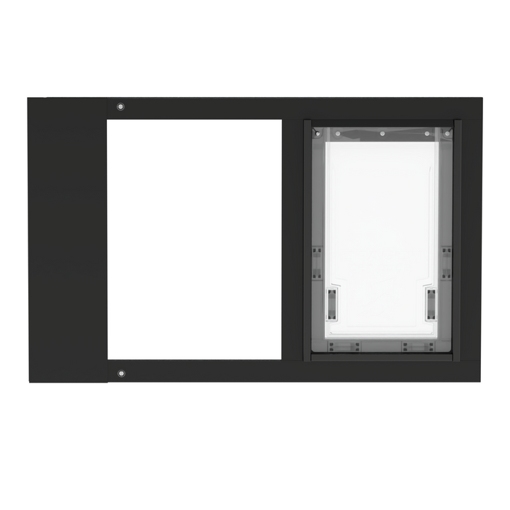 A front view of a black Dragon brand double flap pet door insert for aluminum egress sash windows, closed.