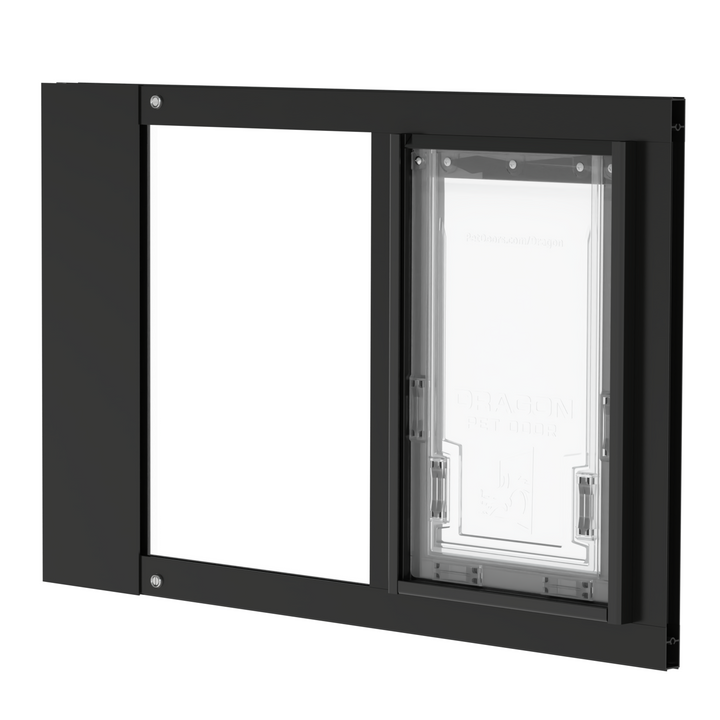  Dragon single flap pet door for sash windows, black, angled view, with locking cover. Cost-effective, easy-to-install pet door for sash windows.