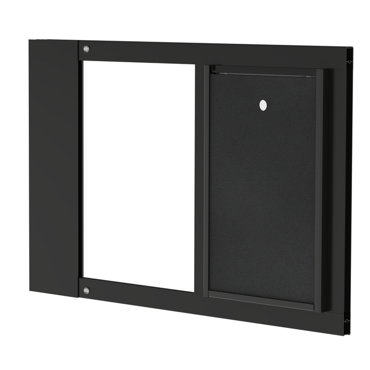 A close-up of a black Dragon brand double flap pet door insert for aluminum egress sash windows, slightly tilted open.