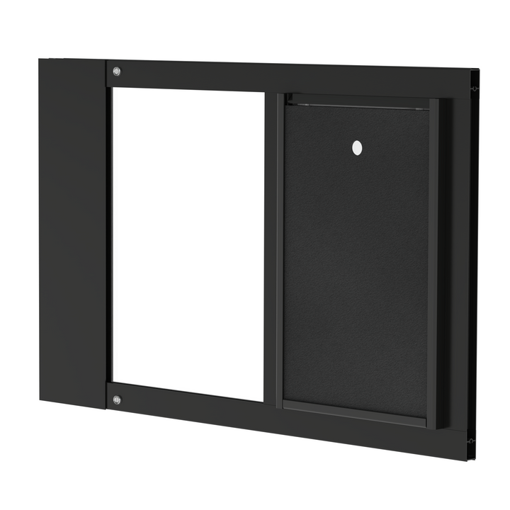  Dragon single flap pet door for sash windows, black, angled view. Two-piece flap design for improved sealing and insulation.