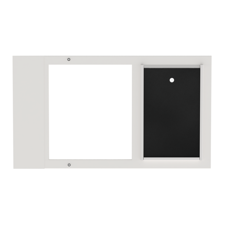  Dragon single flap pet door for sash windows, front view, white, with locking cover. Single pane, tempered glass design is perfect for moderate climates.