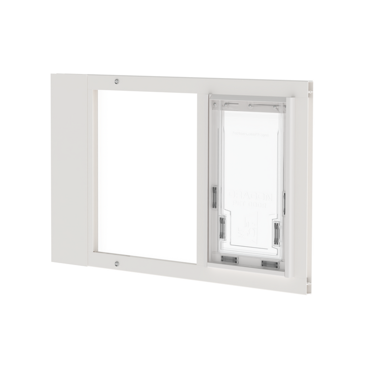 White Dragon double flap pet door insert for aluminum sash windows, front view, closed. Available in seven width adjustment ranges to fit windows 22"-43" wide.