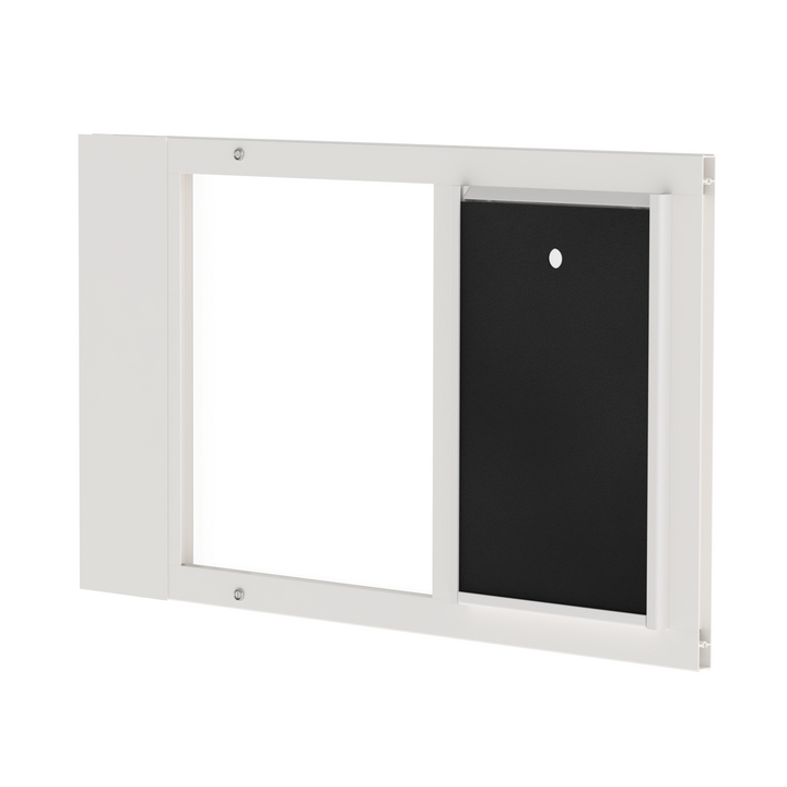  Dragon single flap pet door for sash windows, angled view, white. Spring-loaded mechanism allows secure installation into window tracks at least 1" thick.