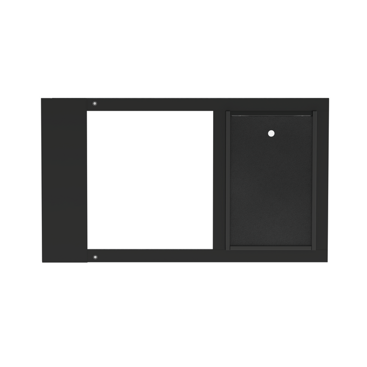 Dragon single flap pet door for sash windows, front view, black, with locking cover. Cost-effective, easy-to-install pet door for sash windows.
