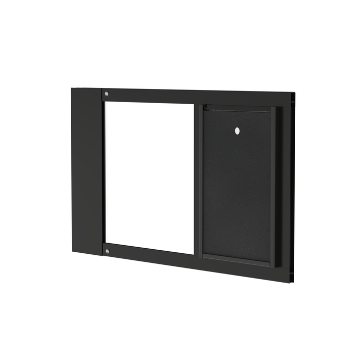 Dragon single flap pet door for sash windows, angled view, black, with locking cover. Adjustable width accommodates sash windows ranging from 22" to 43" wide.