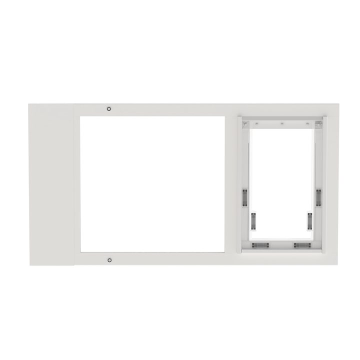 A front view of a white Dragon brand double flap pet door insert for aluminum fixed sash windows, closed.