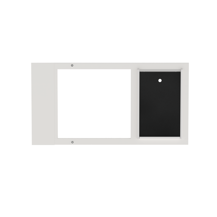  Dragon single flap pet door for sash windows, front view, white. Easy installation with no need to cut holes in doors or walls.
