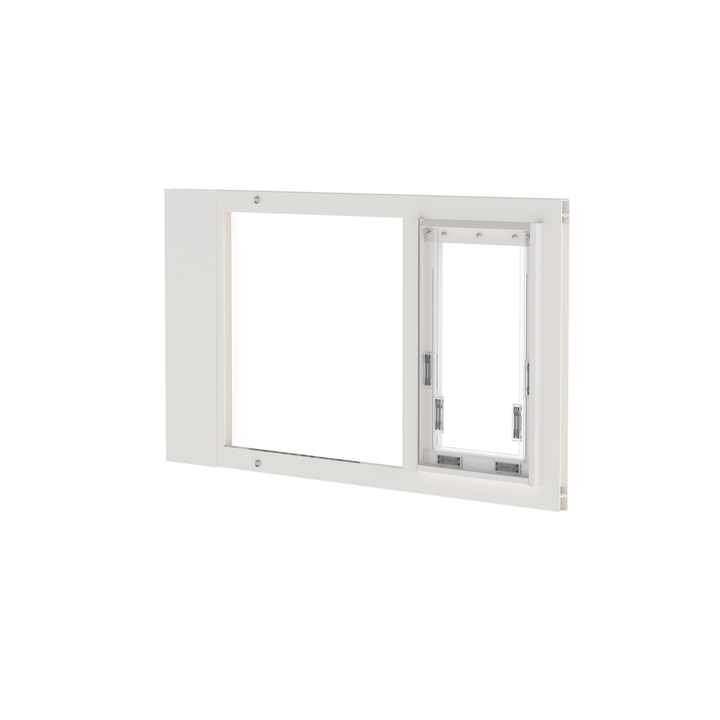  Dragon single flap pet door for sash windows, angled view, white. Sturdy aluminum frame available in black or white.