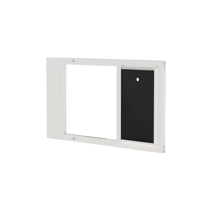  Dragon medium single flap pet door for sash windows, front view, black. Translucent, flexible flap is easy for pets of all sizes to use.