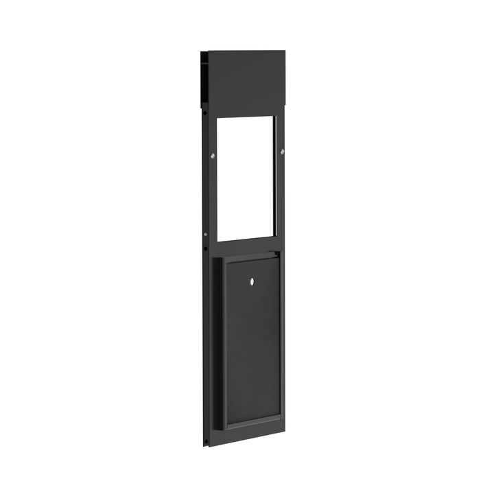 A black Dragon brand double flap pet door insert for windows, tilted open with locking cover. The door comes with a sturdy black locking cover to block access when needed.