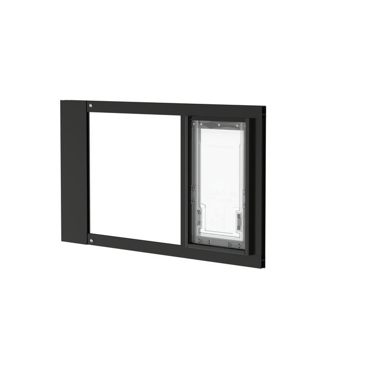  Dragon medium single flap pet door for sash windows, angled view, black, with locking cover. UV-resistant additives in the flap and frame prevent warping and cracking.