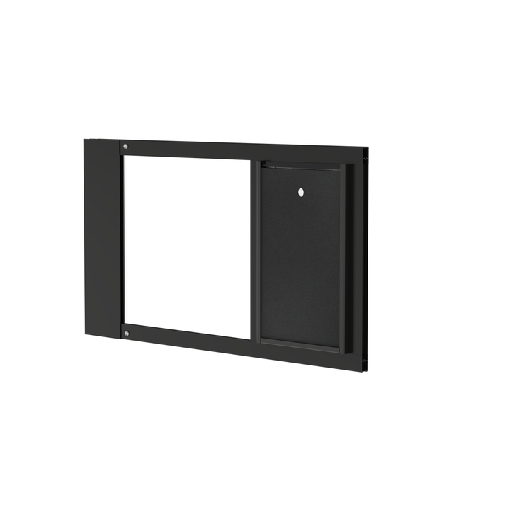  Dragon medium single flap pet door for sash windows, angled view, black, with locking cover. Easy installation with no need to cut holes in doors or walls.