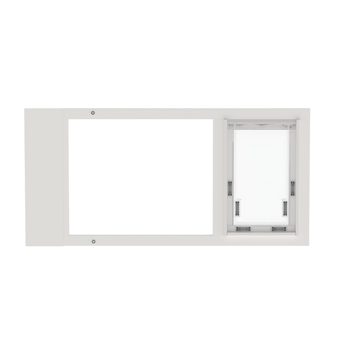  Dragon medium single flap pet door for sash windows, front view, white, with locking cover. Single pane, tempered glass design is perfect for moderate climates.