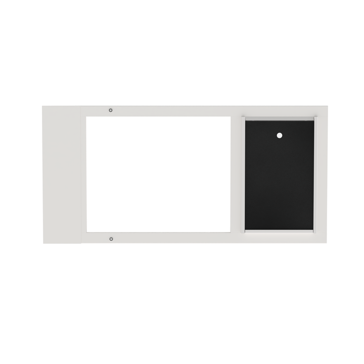  Dragon medium single flap pet door for sash windows, front view, white. Adjustable width accommodates sash windows ranging from 22" to 43" wide.