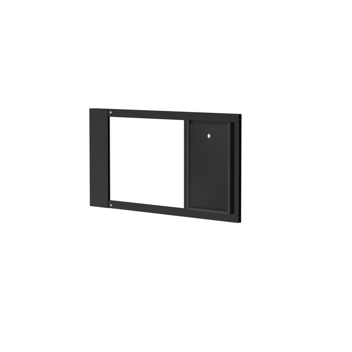  Large black Dragon single flap pet door for sash windows, front view, angled, open. Cost-effective, easy-to-install pet door for sash windows, accommodating widths from 22" to 43".