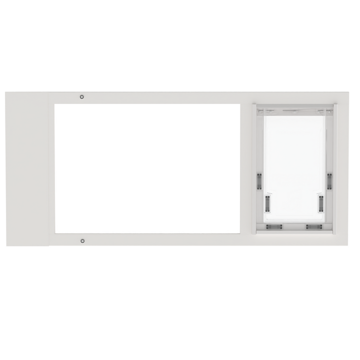 A front view of a white Dragon brand double flap pet door insert for aluminum sash windows, closed. 