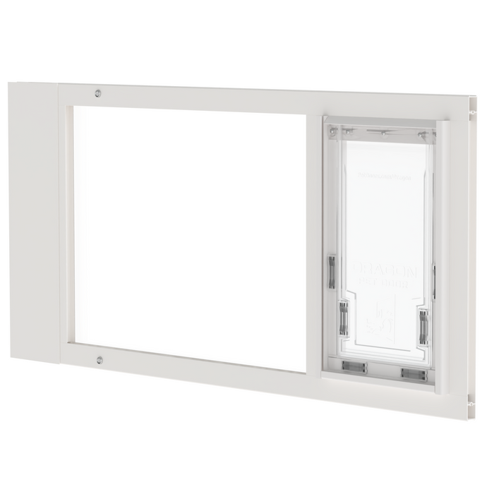  Large white Dragon single flap pet door for sash windows, front view. Sturdy aluminum frame available in black or white, with a translucent, flexible flap suitable for pets of all sizes.