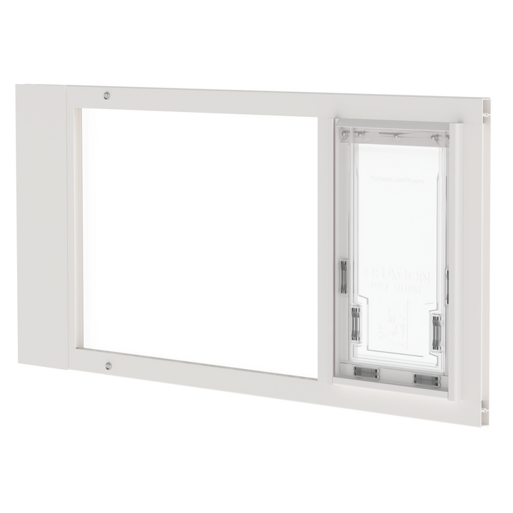 A zoomed-in front view of a white Dragon brand double flap pet door insert for aluminum sash windows, slightly tilted open.
