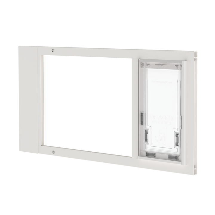 A close-up of a white Dragon brand double flap pet door insert for aluminum sash windows, slightly tilted open.