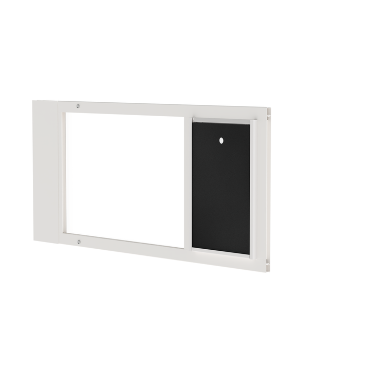  Large black Dragon single flap pet door for sash windows, separated. Adjustable width accommodates sash windows of various sizes, fitting windows 22" to 43" wide.