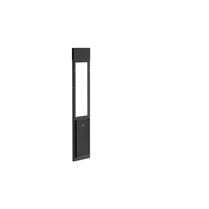  Dragon medium single flap pet door for windows, black, angled view with locking cover.