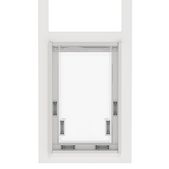 White Dragon single flap pet door for aluminum sliding glass doors, front view. Removable pet door solution for aluminum sliding glass doors.