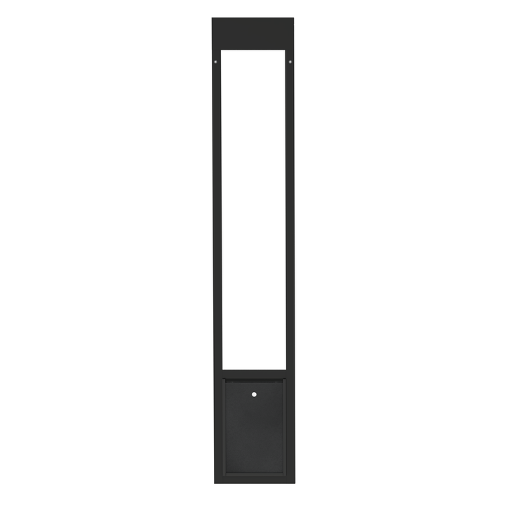 Black Dragon single flap pet door for aluminum sliding glass doors, front view, angled. Extruded aluminum frame made for sliding glass door tracks at least 1” thick.