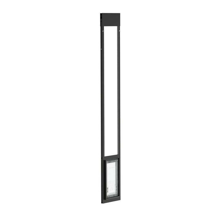 Black Dragon single flap pet door for aluminum sliding glass doors, front view, angled, with locking cover. Easy-to-remove panel design, ideal for temporary installations or rental properties.