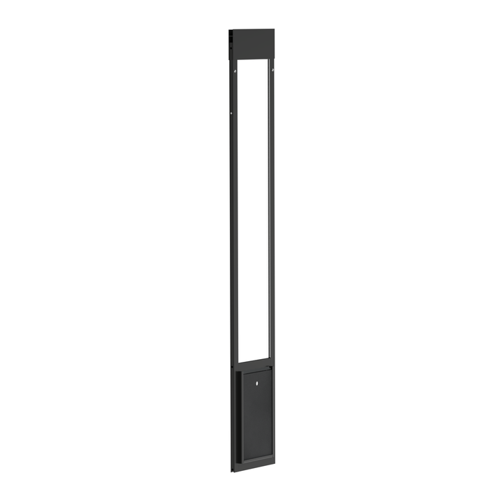 Black Dragon single flap pet door for aluminum sliding glass doors, front view, with locking cover. Sturdy, flexible polyolefin elastomer flap material for insulation and pet comfort.