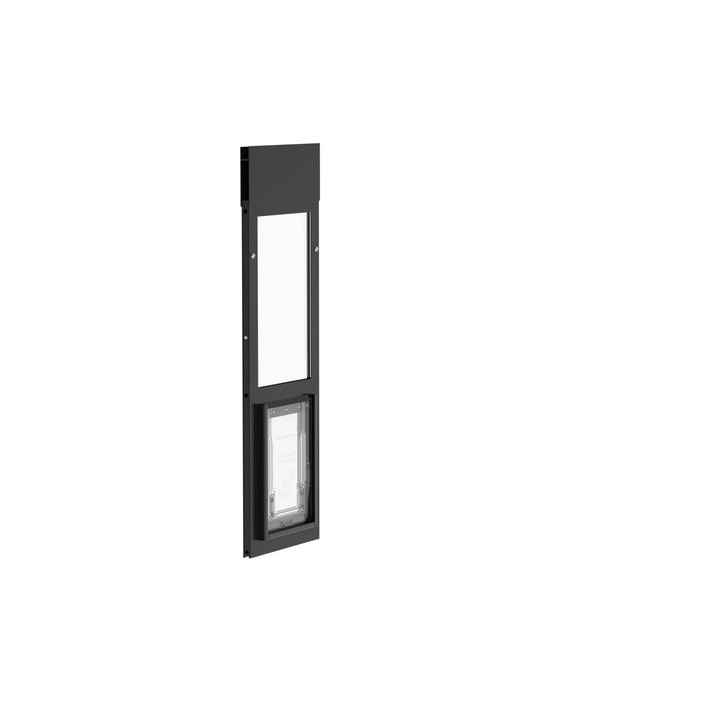  Dragon small single flap pet door for windows, black, front view with locking cover.