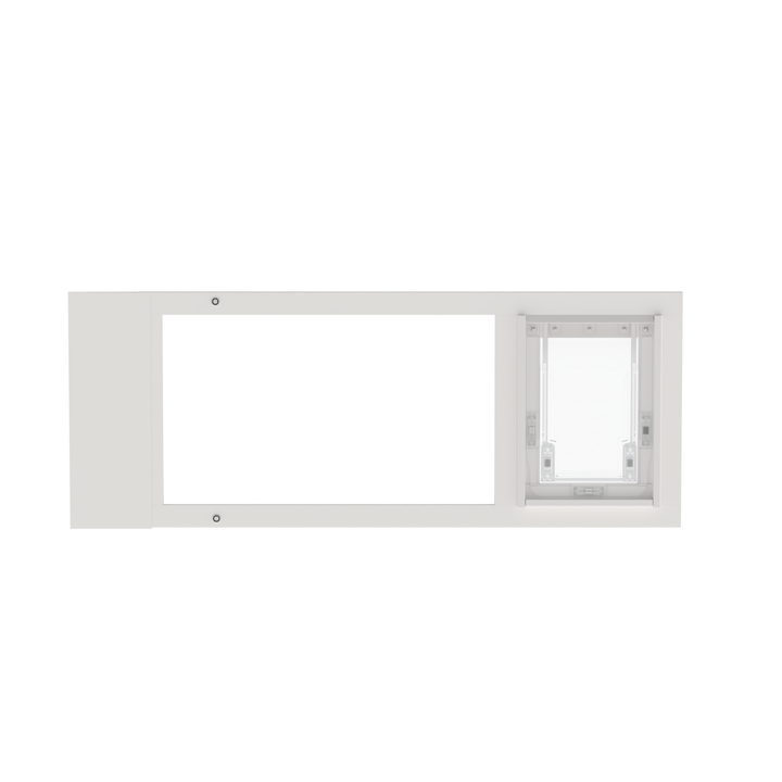  Dragon single flap pet door for sash windows, white, front view, without locking cover. Suitable for both dogs and cats.