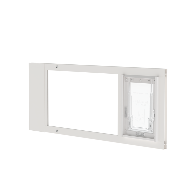  Dragon small single flap pet door for sash windows, white, front view.