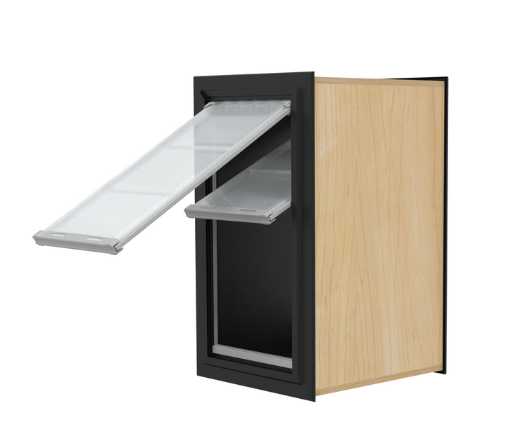 A cabinet with a framed opening and two clear, horizontal shelves partially pulled out.