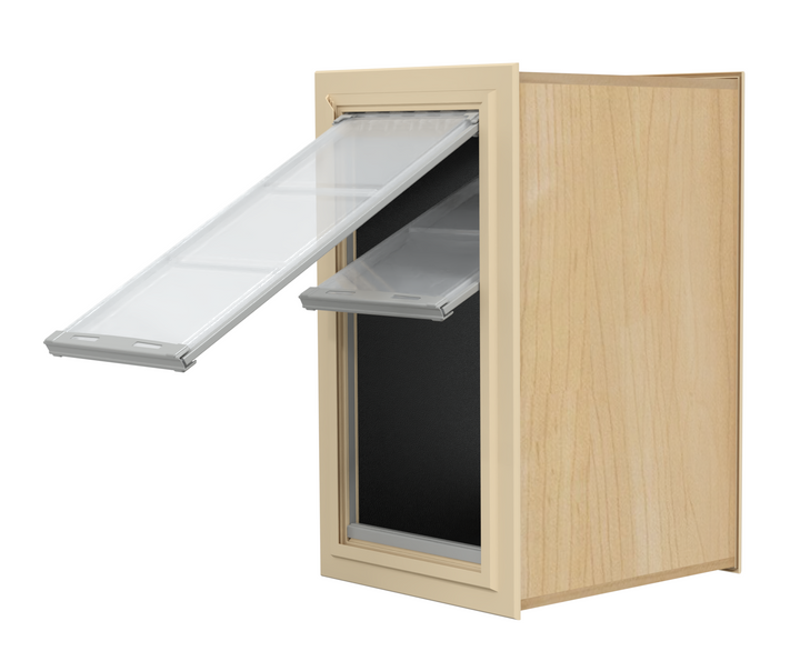 Beige cabinet with two transparent storage drawers opened.