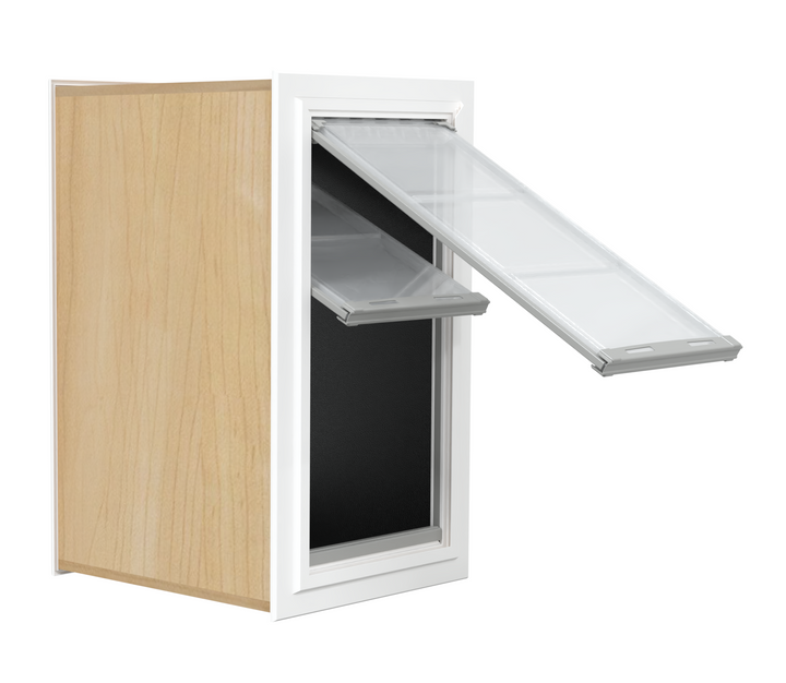 Wooden cabinet with a white frame and two horizontal awnings angled open.