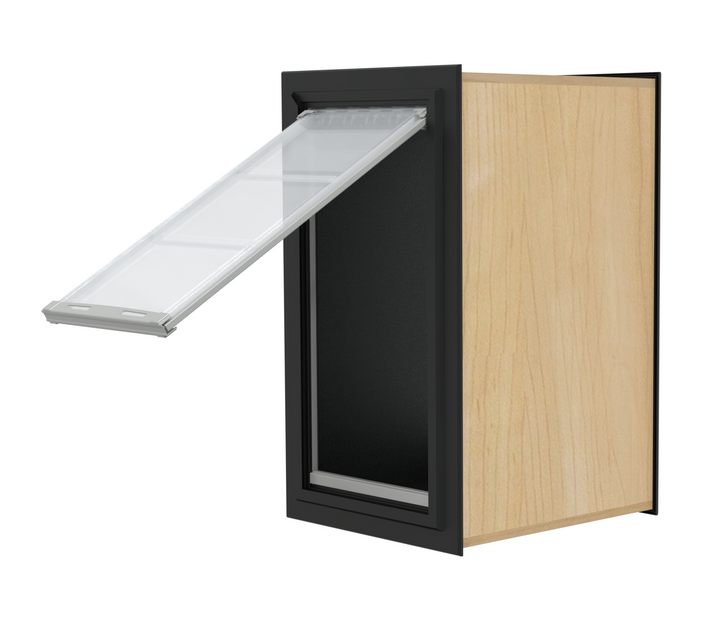 Wood cabinet with black trim and a partially open pet door.