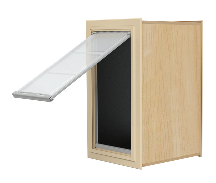 A wooden cabinet with a tilted, framed glass window and a dark interior.