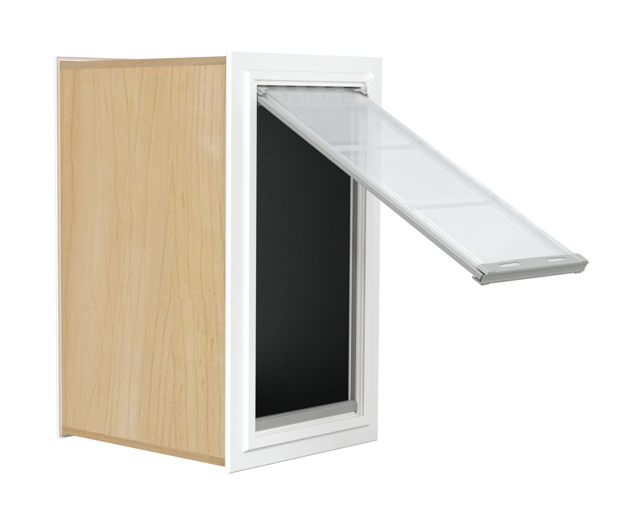 A cabinet with a window that's tilted open.