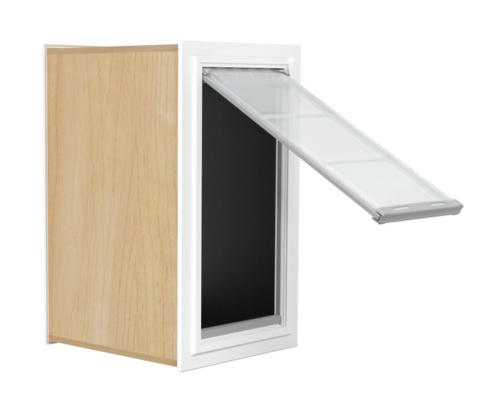 A cabinet with a window that's tilted open.