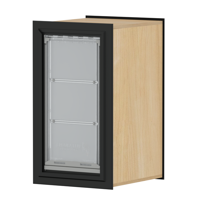 A Durafap pet door is installed in a wooden cabinet with a black frame.