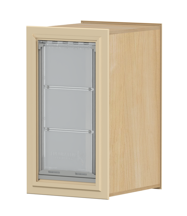 A pet door with a tan frame and a clear multi-panel flap is shown at an angle.