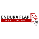 Logo for "Endura Flap Pet Doors" with a dog leaping through a red pet door.