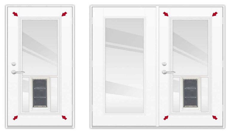 Two white glass panel doors, one with a dog door installed.