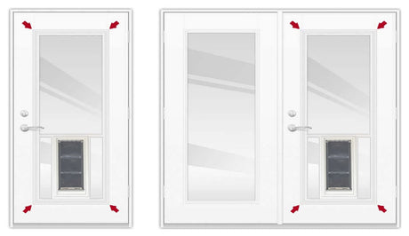 Two white glass panel doors, one with a dog door installed.