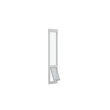 A white-framed pet door with a clear flap is partially open.