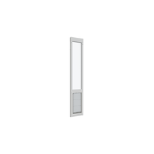 A white-framed window with a pet door at the bottom.