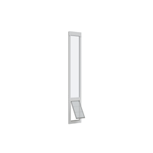 White-framed sliding glass door insert with an open pet door.