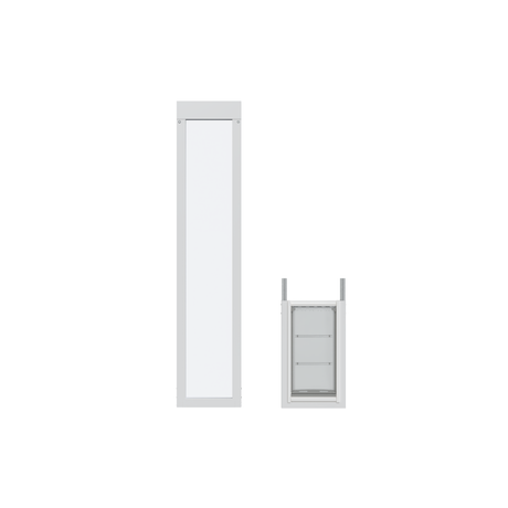A full-length white door and a smaller pet door are shown against a white background.